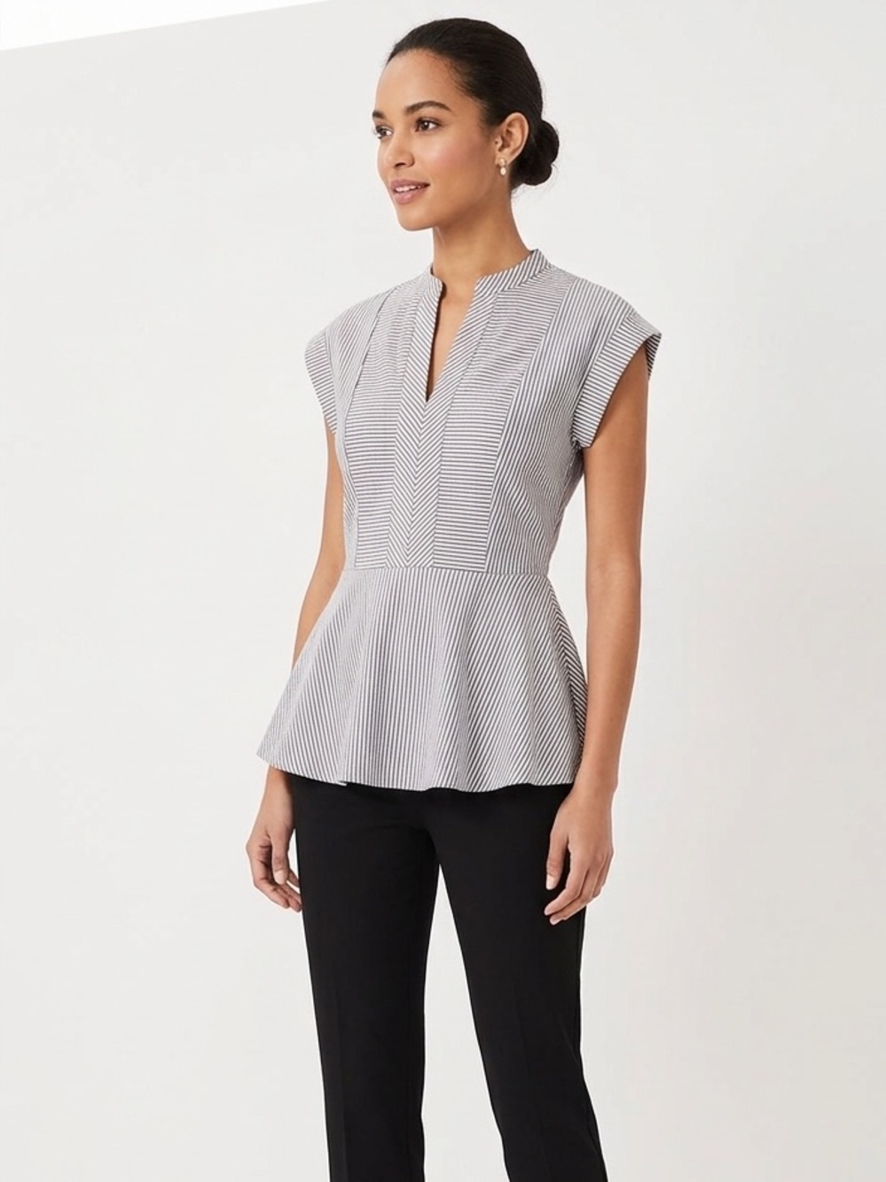 Monteau Los Angeles Striped Peplum Short Sleeve Blouse